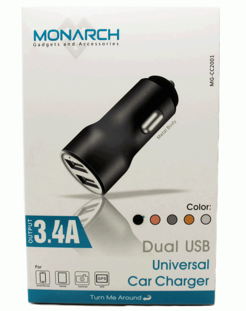 New Arrival Dual Universal Monarch USB Car Charger with 3.4A High Output 2-Port Rapid Light Weight, Slim Design, Polymer Battery for Smartphone, Tablets, Camera and GPS-Black